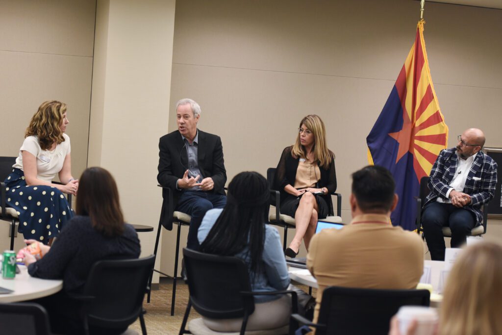 Eric Reiman, M.D., executive director of Banner Alzheimer’s Institute, director of the Arizona Alzheimer’s Consortium, and chair of the Flinn Foundation Board of Directors, speaks at the 2023 Flinn-Brown Civic Leadership Academy. Joining Dr. Reiman in conversation are facilitators Beth Kohler, Rebecca Rios, and Stan Barnes.